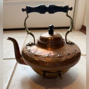 Decorative Copper-Tone Floral Teapot with Handle